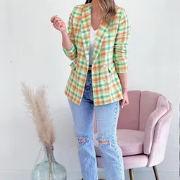 StyleCast Yellow Checked Notched Lapel Single Breasted Blazer-picture-31