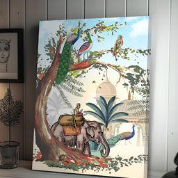 Art Street Blue & White Canvas Painting Peacock & Elephant Mughal Wall Art-image-82