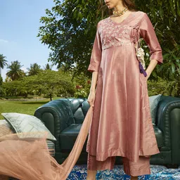 Sangria Women Peach-Coloured & Golden Zari Embroidered Angrakha Kurta Palazzo Dupatta Set-22