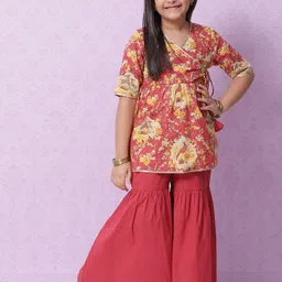 Biba Girls Red & Yellow Ethnic Motifs Pure Cotton Printed Angrakha Kurta with Sharara-image-40