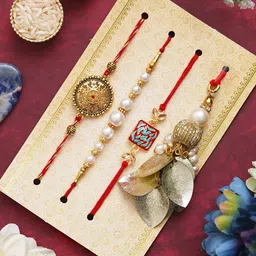 eCraftIndia Unisex Set Of 4 Stone Studded & Pearls Beaded Thread Rakhis-image-5