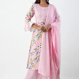 KALINI Women Pink Floral Embroidered Pure Cotton Kurta with Palazzos & With Dupatta-picture-31