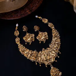 StileAdda Gold-Plated Stone-Studded & Beaded Temple Necklace & Earrings-38