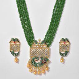 SOHI Women Gold-Plated Green Kundan Stone-Studded & Beaded Jewellery Set-67