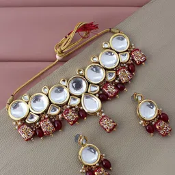 LUCKY JEWELLERY Gold-Plated White & Maroon Kundan-Studded & Beaded Jewellery Set-picture-22