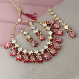 LUCKY JEWELLERY Gold Plated Maroon Kundan-Studded & Beaded Jewellery Set-51