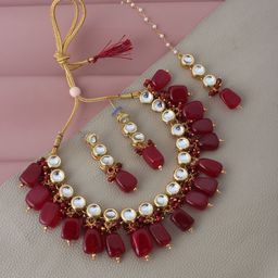 LUCKY JEWELLERY  Gold-Plated Maroon  Kundan-Studded Jewellery Set-image-28