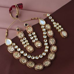 LUCKY JEWELLERY Gold-Plated Maroon Kundan Studded & Beaded Handcrafted Jewellery Set-26