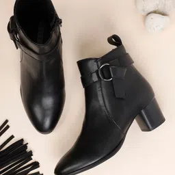 ELLE Women Black Solid Leather Ankle Boots-image-71