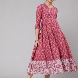 GLAM ROOTS Women Burgundy Ethnic Motifs Printed Mirror Work Tiering Anarkali Kurta-picture-17