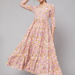 GLAM ROOTS Women Pink & wind chime Floral Printed Flared Sleeves Mirror Work Floral Anarkali Kurta-picture-52