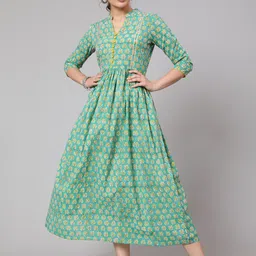 GLAM ROOTS Women Green & blue turquoise Chevron Printed Mirror Work Floral Anarkali Kurta-picture-4