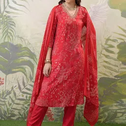 Vishudh Floral Printed Regular Kurta with Trousers & With Dupatta-0