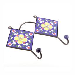 Indianshelf Blue & Black Floral Tile Printed Ceramic Wall 2 Hooks Key Holder-image-36