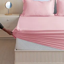 HOMEMONDE Pink Cotton Fitted 210 TC King Bedsheet with 2 Pillow Covers-22