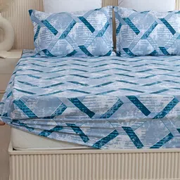 HOMEMONDE Blue & White Printed Cotton 210 TC Fitted Queen Bedsheet with 2 Pillow Covers-image-88