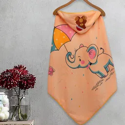 FABINALIV Infants Peach-Colored Elephant Printed 420 GSM Cotton Hooded Bath Towel-22