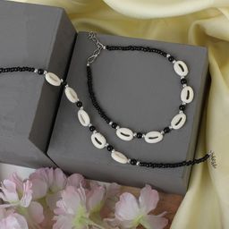 Bhana Fashion Set Of 2 Silver Plated Black & White Beads & Sea Shell Beaded Anklet-image-60