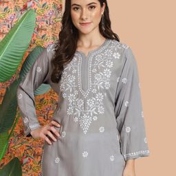 PARAMOUNT CHIKAN Ethnic Motifs Embroidered Chikankari Modal Chikankari Kurti-image-49