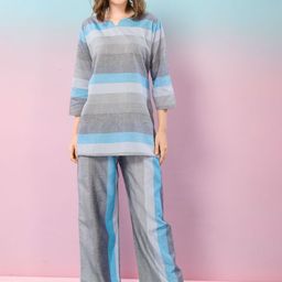 NIGHT FLOSS Striped Round Neck Three-Quarter Sleeves Pure Cotton Tunic & Trouser-picture-19