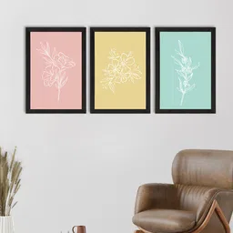 ECraftIndia Set of 3 Pink & Yellow Tropical Leaf Pastel Satin Matt Texture UV Art Painting-12