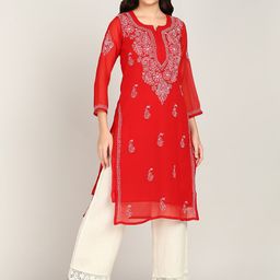 VAHSON Floral Embroidered Chikankari Kurta-57