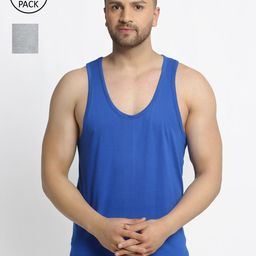 Friskers Men Pack Of 2 Blue & Grey Solid Pure Cotton Drop Cut Gym Vest-image-74