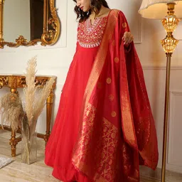 KALINI Floral Embellished Round Neck Long Sleeve Maxi Ethnic Dresses With Dupatta-picture-19