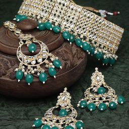 ZENEME Teal Blue Gold-Plated Kundan Studded Jewelry Set-image-68