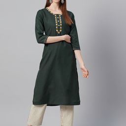 KSUT Women Olive Green & Off-White Embroidered Yoke Design Kurta with Striped Trousers-picture-19