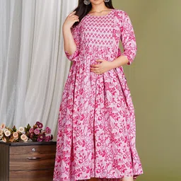 Gujari Quirky Printed Flared Sleeves Thread Work Floral Cotton Maternity Anarkali Kurta-picture-2