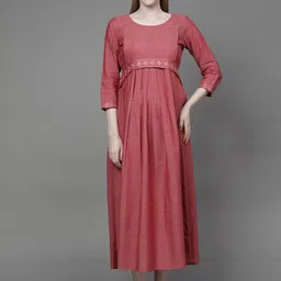 DUMMY SHAPE Round Neck Thread Work detail Pleated Maternity A-Line Dress-image-28