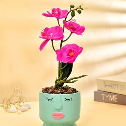 TAYHAA Green & Pink Orchids Artificial Flower With Ceramic Pot-8