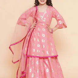 Bitiya by Bhama Girls Foil Printed V-Neck Lehenga & Blouse With Dupatta-image-17