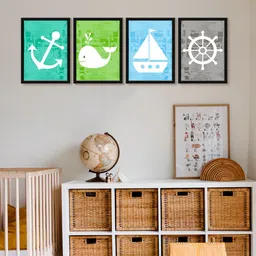999Store 4-Pcs Blue & Green Anchor Whale Sailboat And Ship Wheel Painting Framed Wall Art-picture-36