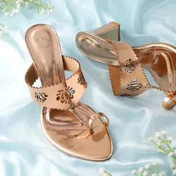House of Pataudi Women Rose Gold Handcrafted Ethnic Block Heel Sandals with Laser Cuts-7