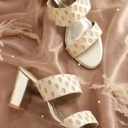 House of Pataudi Women Beige & Golden Textured Ethnic Block Heel Sandals-6