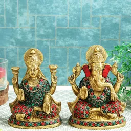 Imli Street Red & Green 2 Pieces Textured Ganesh Lakshmi  Brass Idol Showpieces-14