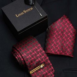 LOUIS STITCH Men Burgundy Red Italian Silk Necktie Accessory Gift Set-image-95
