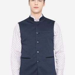JB STUDIO Men Navy-Blue Solid Woven Nehru Jacket-12