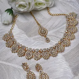 Sukkhi Gold-Plated American Diamond Stone-Studded Necklace With Earrings And Maang Tika-7