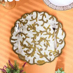 YWULY Cream & Gold Toned Floral Beaded Table Placemats-image-25