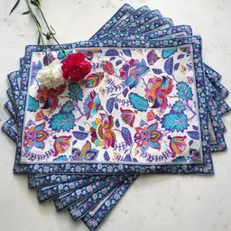 TARA- Sparkling Homes 6 Pieces White & Blue Floral Printed Pure Cotton Table Placemats-30
