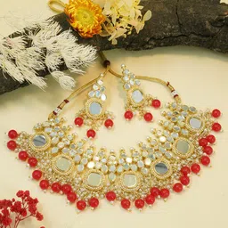 GRIIHAM Gold-Plated CZ Studded & Beaded Mirror Jewellery Set-picture-19