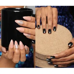 LICK Pack Of 2 Acrylic Press on Nails With Quick Dry Glue - Rich Black & Beige Sparkles-image-82