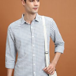 HIGHLANDER White Slim Fit Grid Tattersall Checked Spread Collar Casual Shirt-image-52