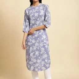 W Purple & White Floral Printed Band Collar Kurta-picture-32