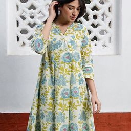 Janasya Floral Printed Mandarin Collar Pure Cotton Pleated A-Line Tunic-21