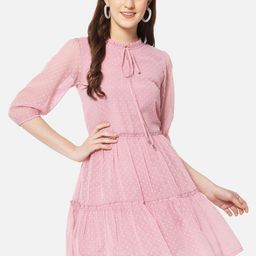 ALL WAYS YOU Self Design Tie-Up Tiered Neck Fit & Flare Dress-image-52
