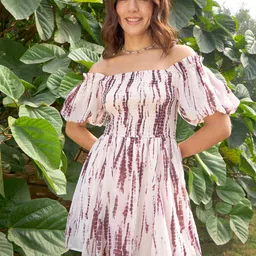 RARE Shibori Tie & Dye Printed Off-Shoulder Puff Sleeve Smocked Fit & Flare Dress-picture-51